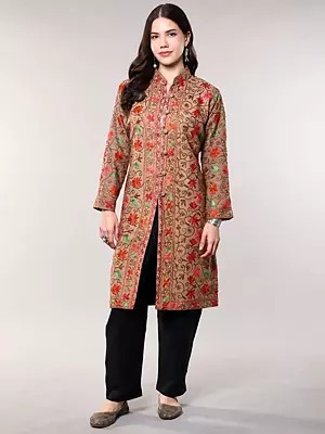 Irish-Cream Wool Long Jacket with All-Over Aari Embroidered Floral Vines and and Side Pockets