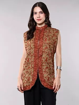 Sage-Green Pure Wool Sleeveless Jacket with Aari Embroidered Paisley Vines from Kashmir