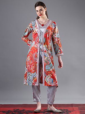Three Piece Set Cotton Multicolor Kalka Printed Long Jacket With Silver-Grey Satin Crop-top And Pant