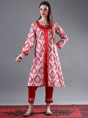 Betel Leaf Printed Motif Cotton Long Jacket With Red Satin Crop-top And Pant - Three Piece Set