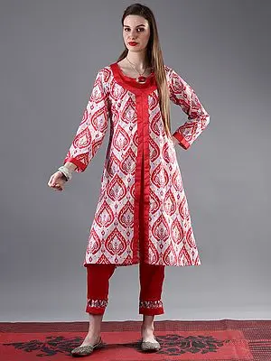 Betel Leaf Printed Motif Cotton Long Jacket with Red Satin Crop-top And Pant - Three Piece Set