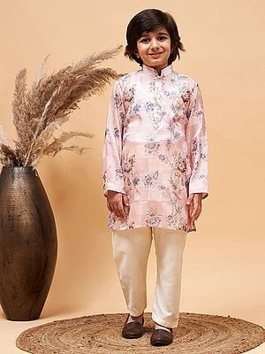 Pink Silk Blend Check Pattern Floral Printed Kurta With Cream Pajama