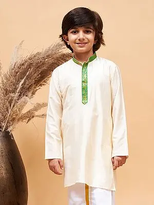 Viscose Cream Kurta with Border Placket Neck