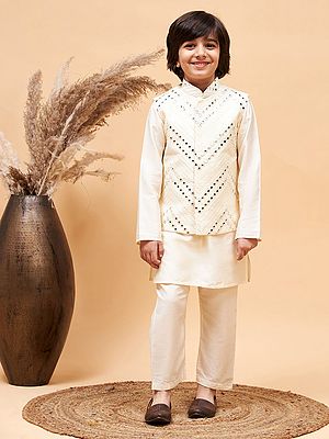 Cream Viscose Kurta Pajama With Mirror Embroidered Jacket