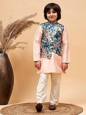 Silk Blend Peach Kurta With Floral Printed Blue Modi Jacket And Viscose Cream Pajama