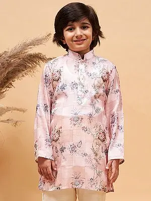 Pink Silk Blend Check Box Pattern Floral Printed Kurta