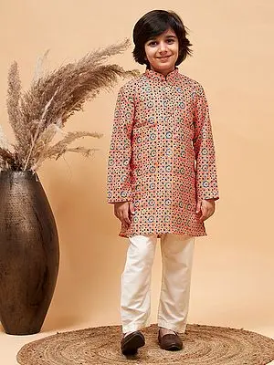 Silk Blend Moroccan Pattern Printed Orange Kurta with Poly Viscose Cream Pajama