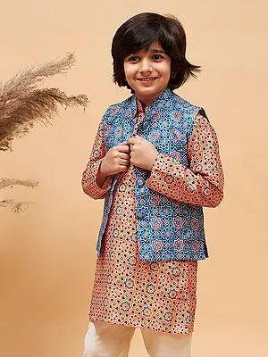 Blue Silk Blend Elegant Sleeveless Moroccan Pattern Print Modi Jacket