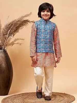 Silk Blend Moroccan Pattern Printed Blue Modi Jacket And Orange Kurta With Poly Viscose Pajama