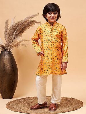 Silk Blend Ethnic Patola Pattern Yellow Kurta With Poly Viscose Cream Pajama