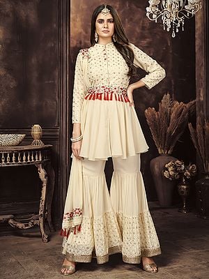 Off-White Georgette Round Collar Peplum Top Palazzo Suit with Double-Sequins, Thread Embroidery