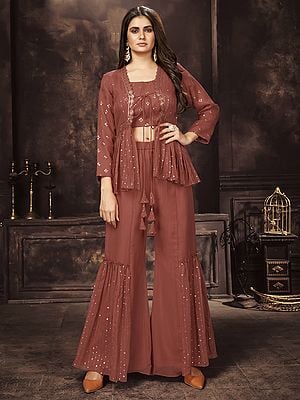 Rust Georgette Pencil Stripes Pattern Crop-Top Palazzo Suit With Jacket And Sequins, Thread Embroidery
