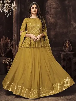Mustard Georgette Double-Sequins, Thread Embroidered Chowkadi Jaal Motif Lehenga Choli and Dupatta