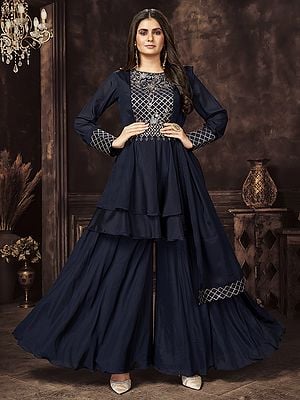 Navy-Blue Designer Chinnon Embroidered Peplum Top Palazzo Suit with Dupatta