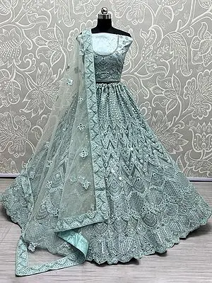 Net Bridal Lehenga Choli With Necklace-Chevron Design Embroidered Dori, Thread, Diamond, Mirror Work And Soft Net Dupatta