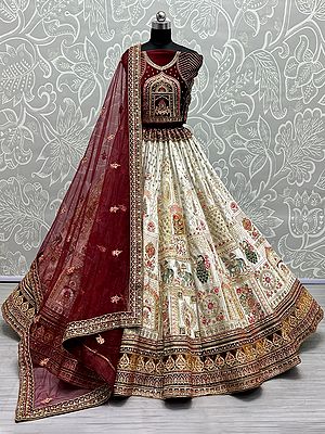Velvet Bridal Lehenga Choli With Floral Mughal Motif With Zari, Sequins, Multi Thread, Diamond Work And Soft Net Dupatta