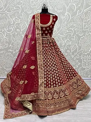 Pink-Rani Velvet All-Over Butti Pattern Bridal Lehenga Choli With Dori, Zari, Diamond Work And Soft Net Matching Dupatta