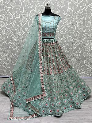 Net Chakra-Vine Motif Bridal Lehenga Choli With All-Over Zari, Sequins, Diamond, Multi Thread Embroidery With Soft Net Butti Pattern Dupatta