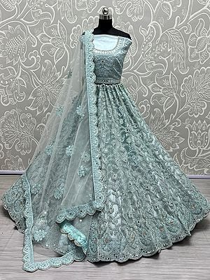 Net Bridal Lehenga Choli With Floral Vine Motif Multi Thread, Dori, Mirror, Diamond Work And Scalloped Soft Net Dupatta