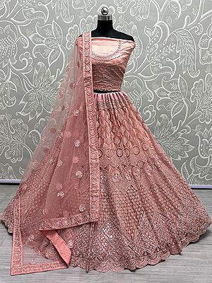 Peach-Pink Net Bridal Lehenga Choli With Multi Thread, Dori, Mirror, Diamond Embroidery With Butta Motif Soft Net Dupatta