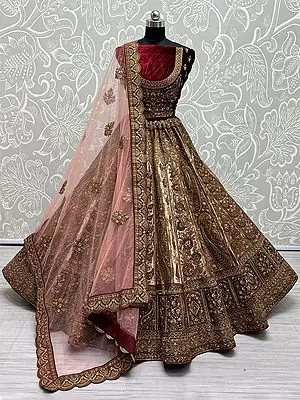 Velvet Paisley Motif Embellished Lehenga Choli With Sequins, Multi Thread, Dori, Zari Embroidery And Soft Net Scalloped Dupatta