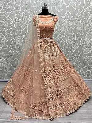 Heavy Net Embellished Scalloped Lehenga Choli with Rainbow-Sequins and Soft Net Dupatta
