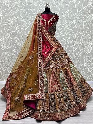 Multicolor Velvet Mughal-Chevron Pattern Lehenga Choli With Sequins, Dori, Diamond, Zari Embroidery And Soft Net-Velvet Double Dupatta