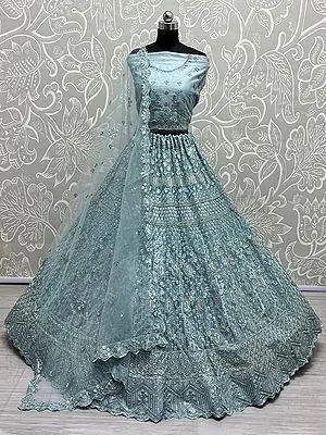 Heavy Net Elongated Hexagon Pattern Lehenga Choli With Rainbow-Sequins, Dori, Thread Embroidery And Soft Net Scalloped Dupatta