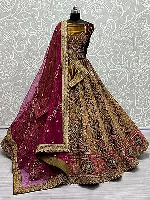 Velvet Ornamental Floral Paisley Motif Lehenga Choli with Soft Net-Velvet Double Dupatta