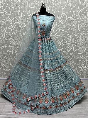 Heavy Net Floral Mughal Pattern Embellished Lehenga Choli With Dori, Thread, Zari, Diamond Embroidery And Soft Net Dupatta