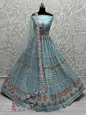 Heavy Net Floral Mughal Pattern Embellished Lehenga Choli with Soft Net Dupatta