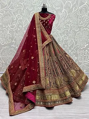 Multicolor Velvet Peacock-Floral Laddi Pattern Bridal Lehenga Choli With Sequins, Dori, Zari, Zircon Diamond Work All-Over And Soft Net-Velvet Double Dupatta