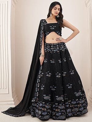 Black Georgette A-Line Lehenga Choli with Thread, Sequins, Zarkan Embroidery and Scalloped Dupatta