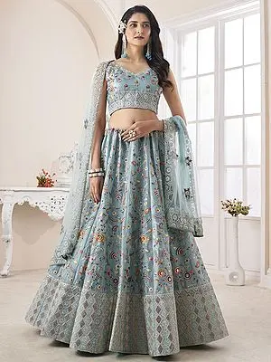 Turquoise Art Silk Floral Vine Motif Lehenga Choli with Thread, Dori, Zarkan Embroidery and Soft Net Dupatta