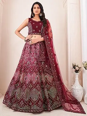 Burgundy Soft Net Floral Jaal Embroidered Lehenga Choli with Dori, Sequins, Zarkan Work and Soft Net Dupatta