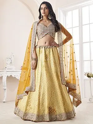 Yellow Georgette Floral Laddi Motif Lehenga Choli with Dori, Sequins, Zarkan, Mirror Embroidery and Soft Net Dupatta