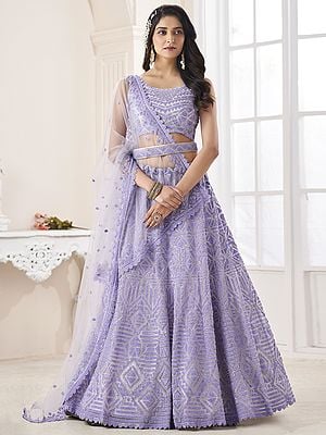 Lilac Soft Net All-Over Sequins-Zarkan Embroidered Chowkadi Motif Lehenga Choli With Butti Pattern Matching Dupatta