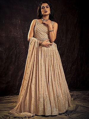 Peach Georgette Sequins Embroidered Floral Vine Motif Anarkali Style Gown With Butti Motif Dupatta
