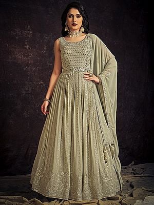 Pista Georgette Leaf Vine Pattern Anarkali Style Gown With All-Over Sequins Embroidery And Tassel Dupatta
