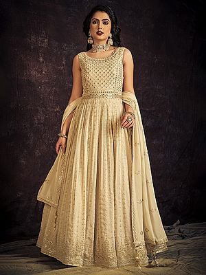 Cream Georgette All-Over Laddi Pattern Anarkali Style Gown With Sequins Embroidery And Latkan Dupatta