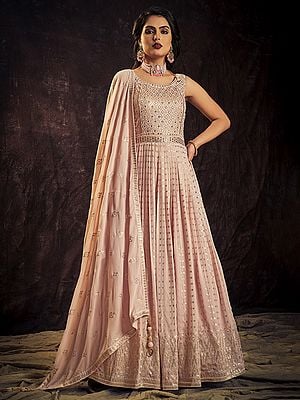 Baby-Pink Georgette Laddi Pattern Sequins Embroidered Anarkali Style Gown With Matching Dupatta