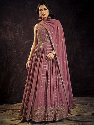 Mauve Georgette Bail Pattern All-Over Sequins Embroidered Anarkali Style Gown With Tassel Dupatta