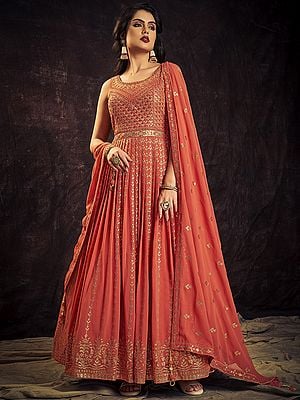 Orange Georgette All-Over Sequins Embroidered Anarkali Style Gown With Butti Motif Latkan Dupatta