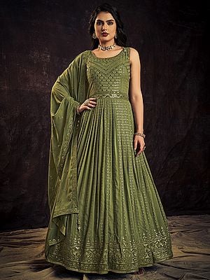 Green Georgette Anarkali Style Gown With Leaf Vine Sequins Embroidery And Tassel Dupatta