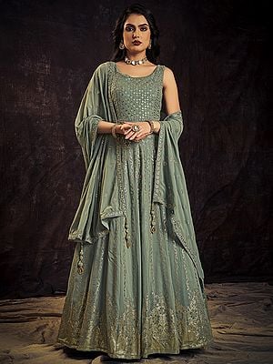 Olive Georgette All-Over Sequins Work Anarkali Style Gown With Floral Butti Motif Tassel Dupatta