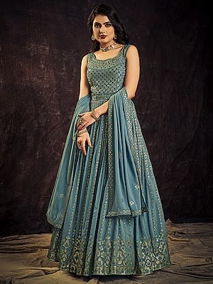 Blue Georgette Anarkali Style Gown With Sequins Work Bail Design Motif With Latkan Dupatta