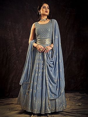 Blue Georgette Phool Butta Motif Anarkali Style Gown With Sequins Embroidery And Matching Tassel Dupatta