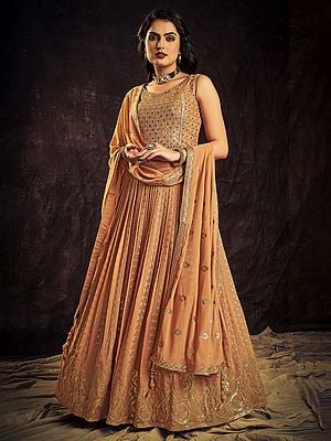Apricot Georgette Anarkali Style Striped Pattern Gown With Sequins Embroidery And Butti Motif Latkan Dupatta
