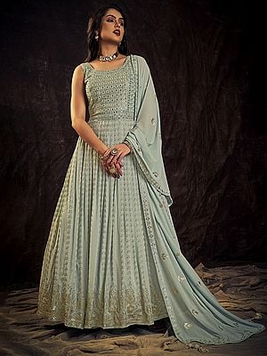 Light-Blue Georgette Long Anarkali Style Gown With All-Over Beautiful Bail Design Sequins Embroidery And Latkan Dupatta