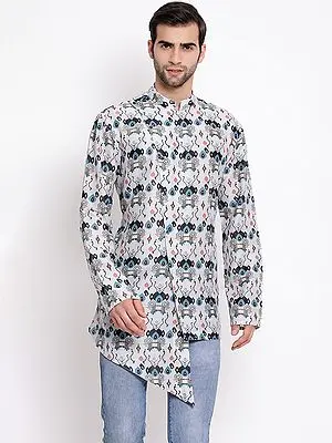 Grey Cotton Blend Asymmetrical Style Digital Print Kurta